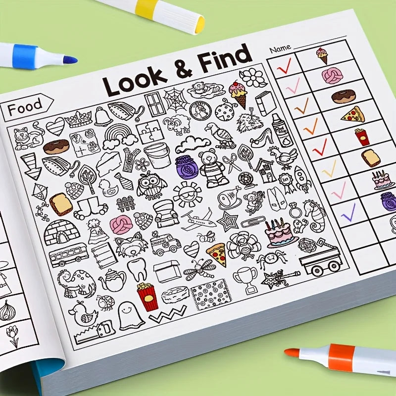 A page from a Look & Find activity book filled with various hidden objects for children to find and mark.