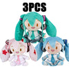 Three plush dolls of Hatsune Miku anime figures in various colors including teal pink and blue