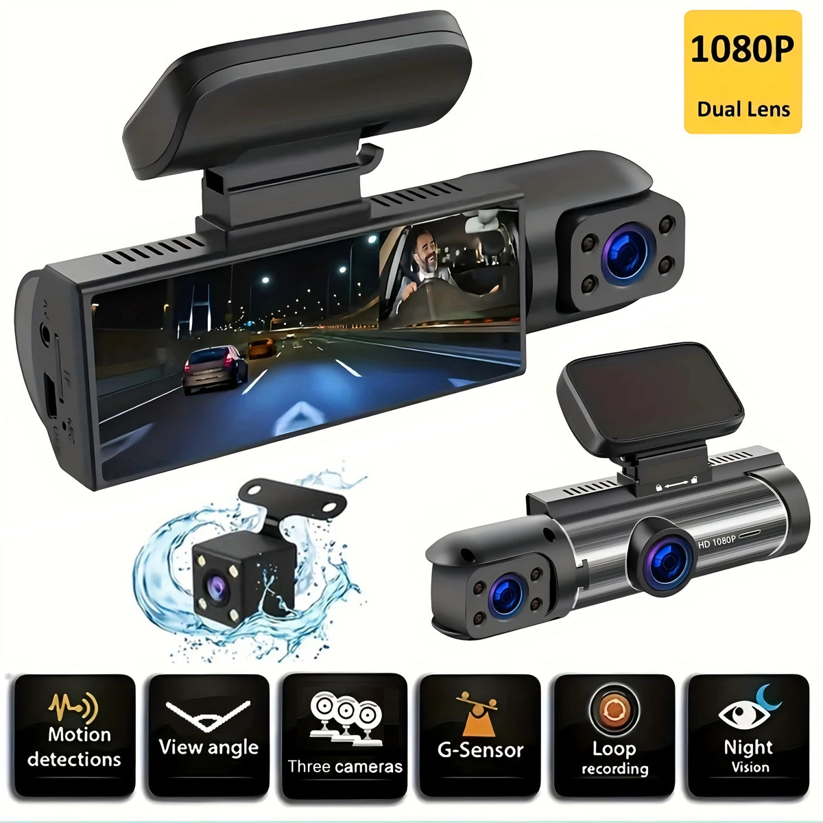 A black dual lens dash cam is shown with a mounted camera and various features like motion detection and night vision.