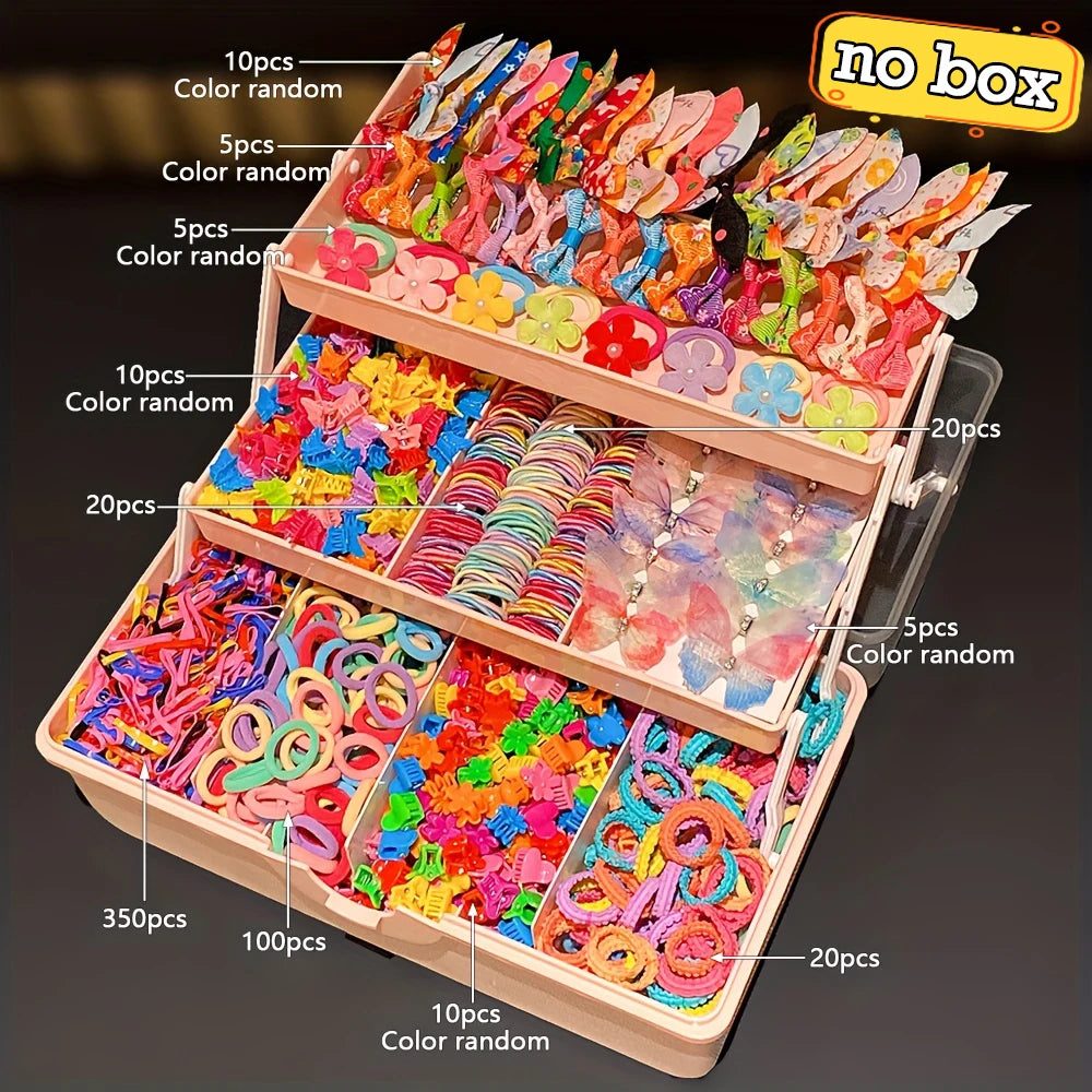 A box of colorful butterfly hair accessories featuring various colors and styles for girls