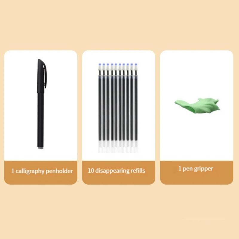 Three items shown: a calligraphy penholder, ten disappearing refills, and a pen gripper.