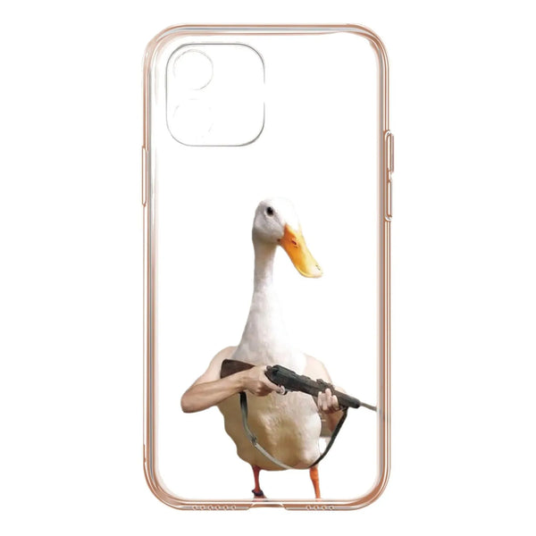 Funda para teléfono de silicona con imagen de un ganso o pato blanco sosteniendo un arma de fuego.