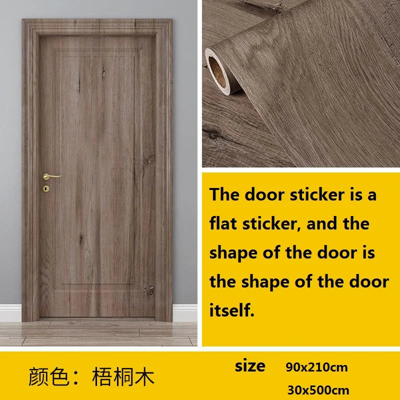 A vertical wooden door featuring a light brown wood grain texture, shown next to a roll of matching sticker material.