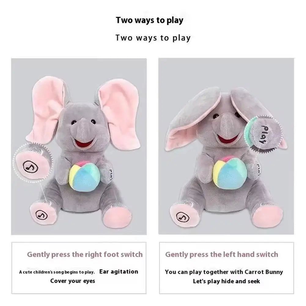 Two ways to play elephant plush toy showing gentle foot press and hand switch options