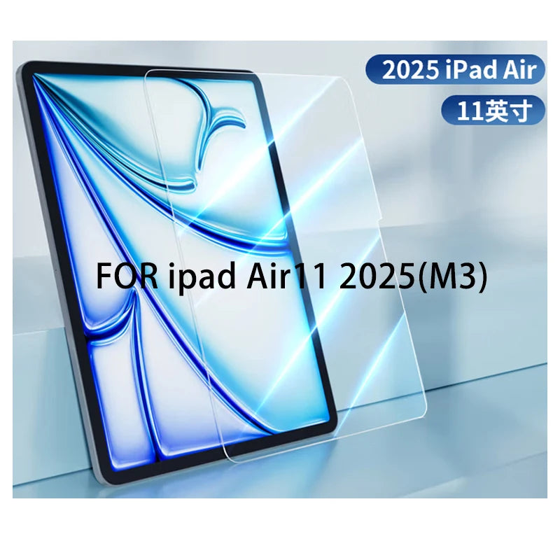 A clear tempered glass screen protector for a 2025 iPad Air is shown on a device.