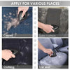 A black pet hair remover tool is shown being used on various surfaces including carpet, sofa cushions, clothing, and car seat