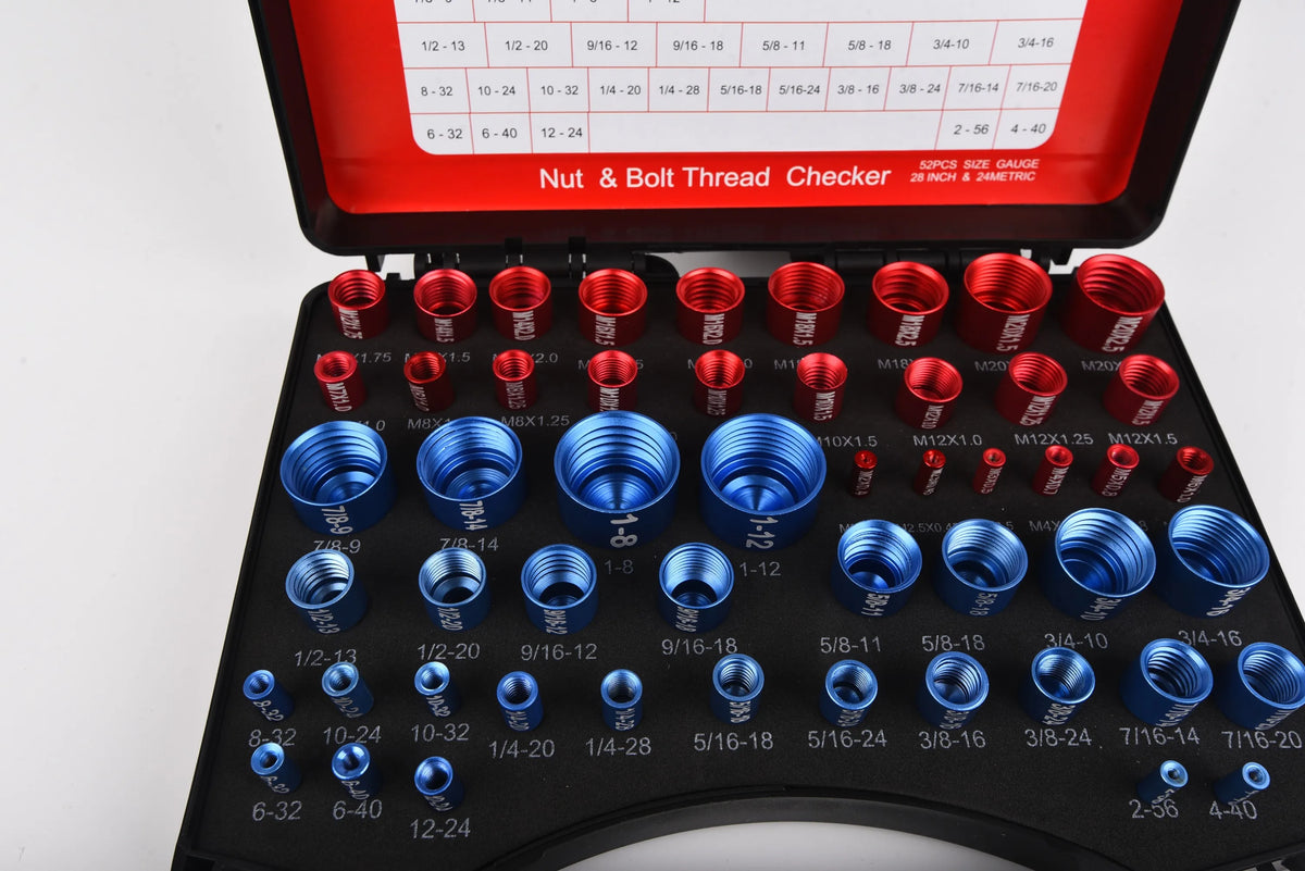 A black tool featuring 52 pieces of metric and SAE bolt and nut thread checkers for measuring threads.