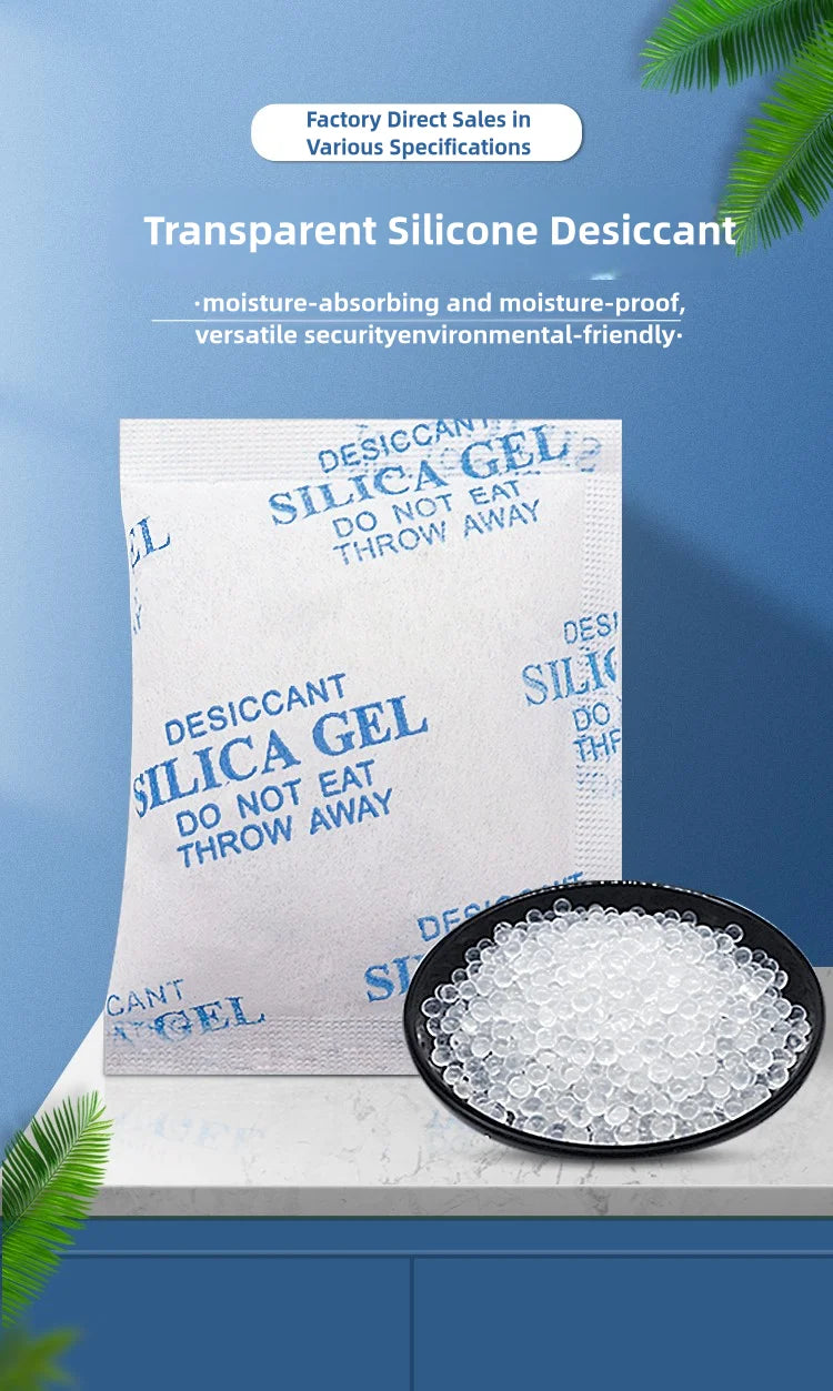 A black bowl filled with white silica gel desiccant pellets next to bags labeled as desiccant silica gel