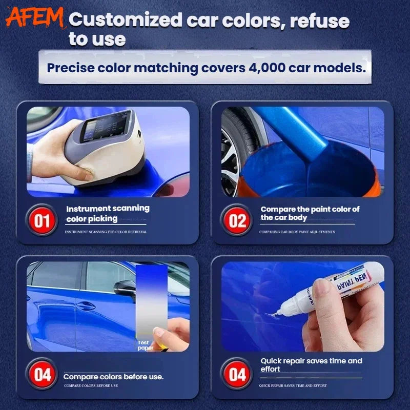 A set of tools and a paint pen demonstrating precise color matching for car touch-ups.