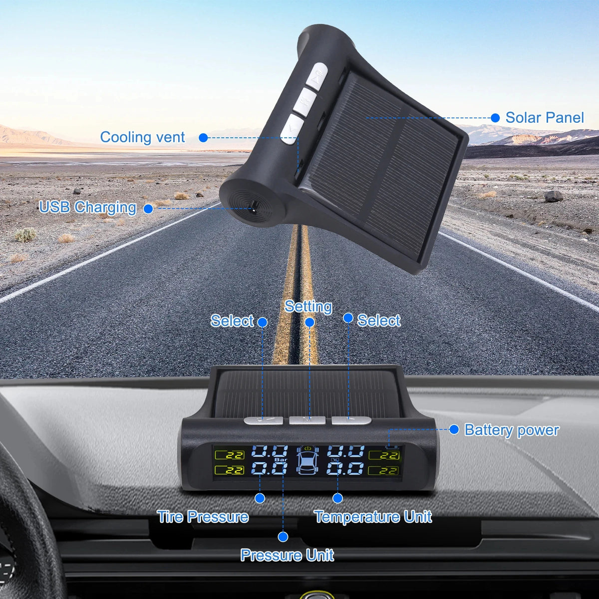 A solar wireless tire pressure monitoring system is shown mounted on a vehicle, with components like a solar panel and sensor