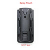 A black spray pouch with a cylindrical shape and various openings for liquid storage.