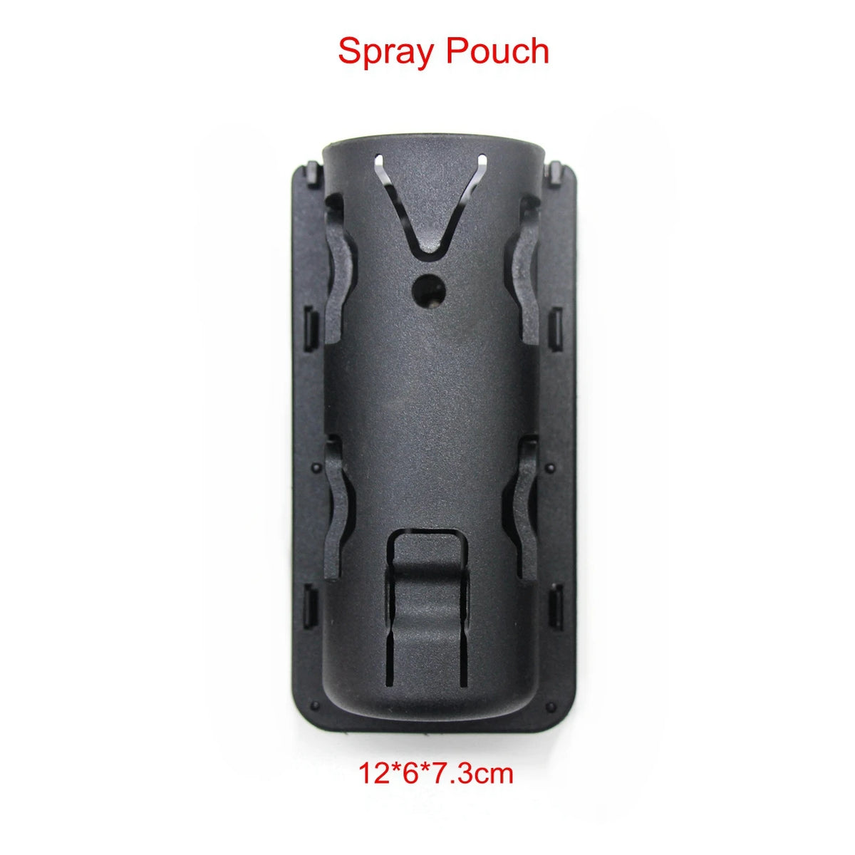 A black spray pouch with a cylindrical shape and various openings for liquid storage.