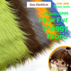 A display of various colored faux fur fabric strips, including green, brown, orange, and blue, showing the pile length.