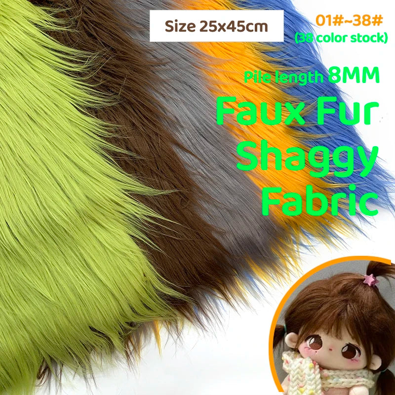 A display of various colored faux fur fabric strips, including green, brown, orange, and blue, showing the pile length.