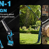 A 2-in-1 cordless pole saw with a long extension and dual batteries is shown cutting wood in a yard.