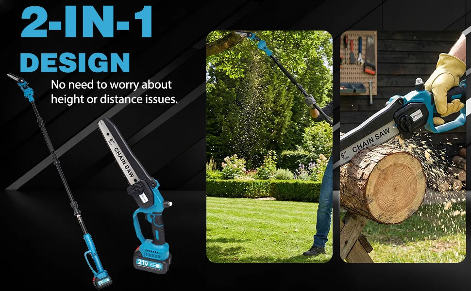 A 2-in-1 cordless pole saw with a long extension and dual batteries is shown cutting wood in a yard.