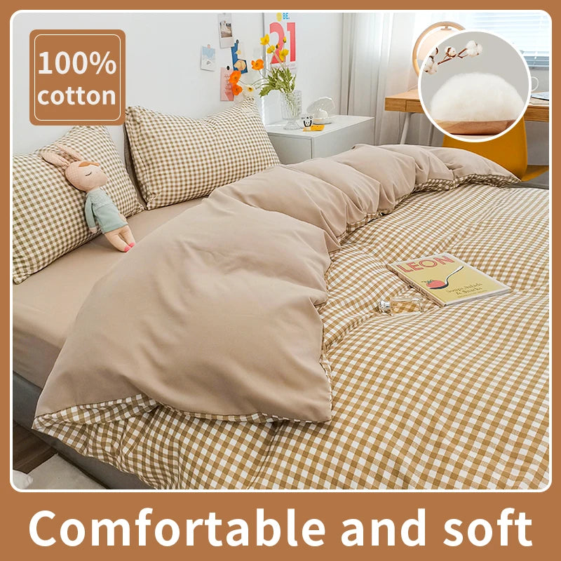 100% Cotton Duvet Cover Set with Plaid Stripe – Breathable & Skin-Friendly