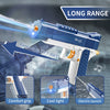 Blue rechargeable electric water gun demonstrating long range capability and features like a comfort grip, cool light, and el