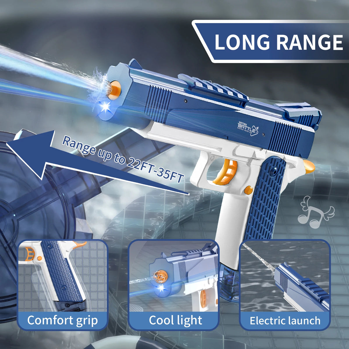 Blue rechargeable electric water gun demonstrating long range capability and features like a comfort grip, cool light, and el