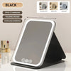 A black portable touch vanity mirror with customizable natural, warm, and cold LED lights displayed on a stand.