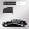 A black car front window mesh sun shade cover is shown next to a black sedan.