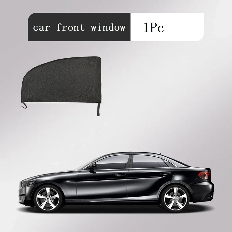 A black car front window mesh sun shade cover is shown next to a black sedan.