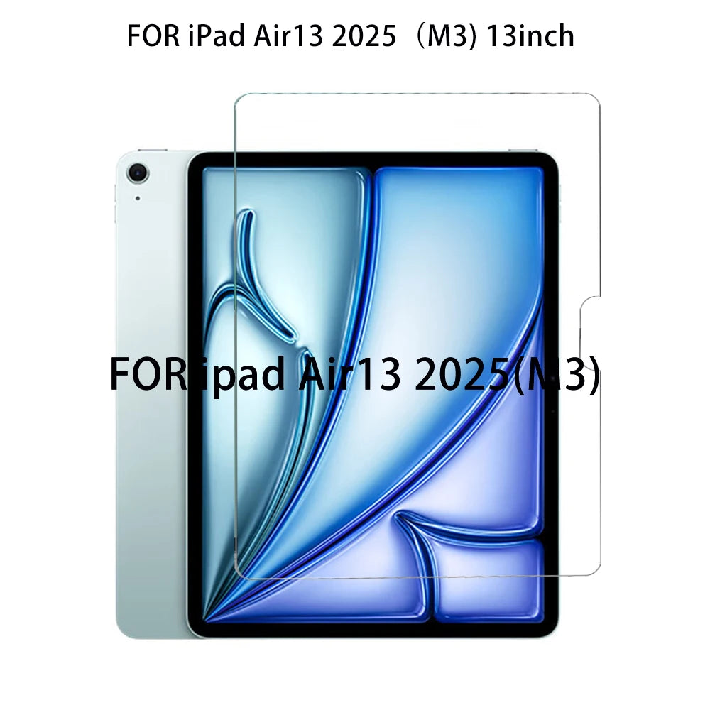A close-up view of an iPad Air 13 2025 (M3) screen with a blue glass protector applied.