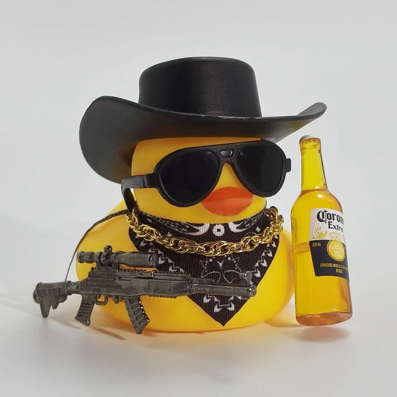 A yellow rubber duck shaped like a cowboy wearing a hat and sunglasses is next to a bottle of Corona Extra.