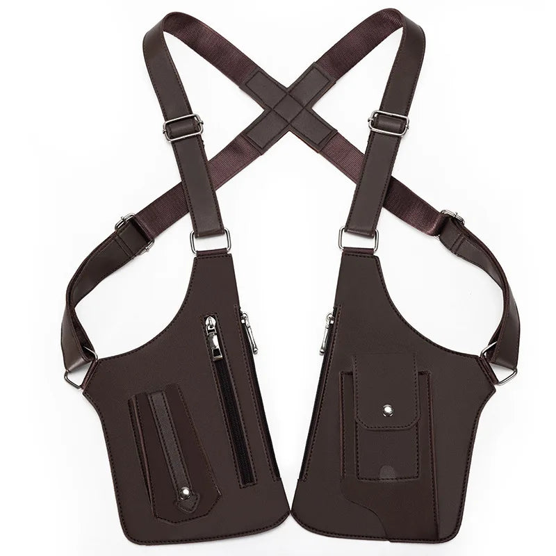 A dark brown anti-theft underarm wallet bag with an adjustable strap shown from the back.