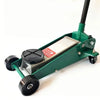 A green rubber jack pad with a silver plate and black wheels used for car pinch welds.