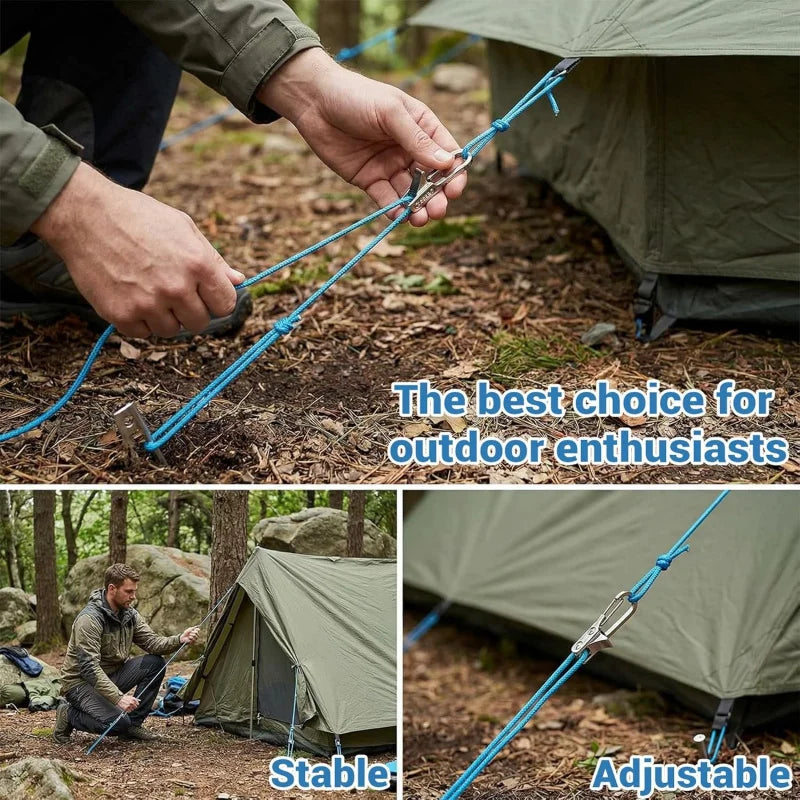 A hand is using a blue rope tensioner tool to secure a tent line for outdoor enthusiasts.