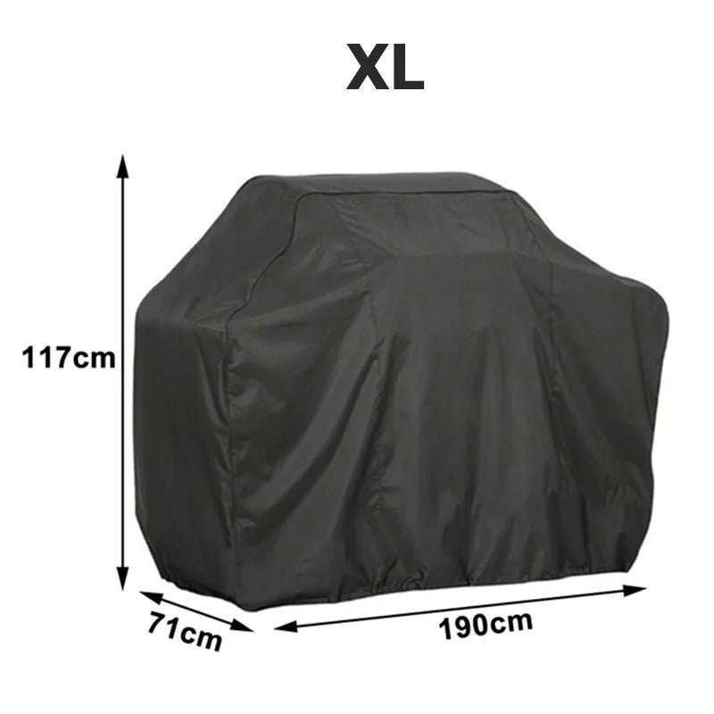 Black heavy-duty waterproof BBQ grill cover in XL size, showing dimensions of 117cm height and 190cm length.