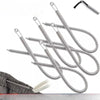 A set of silver spring drawstring needle threader tools lying on a gray fabric with a white cotton swab.