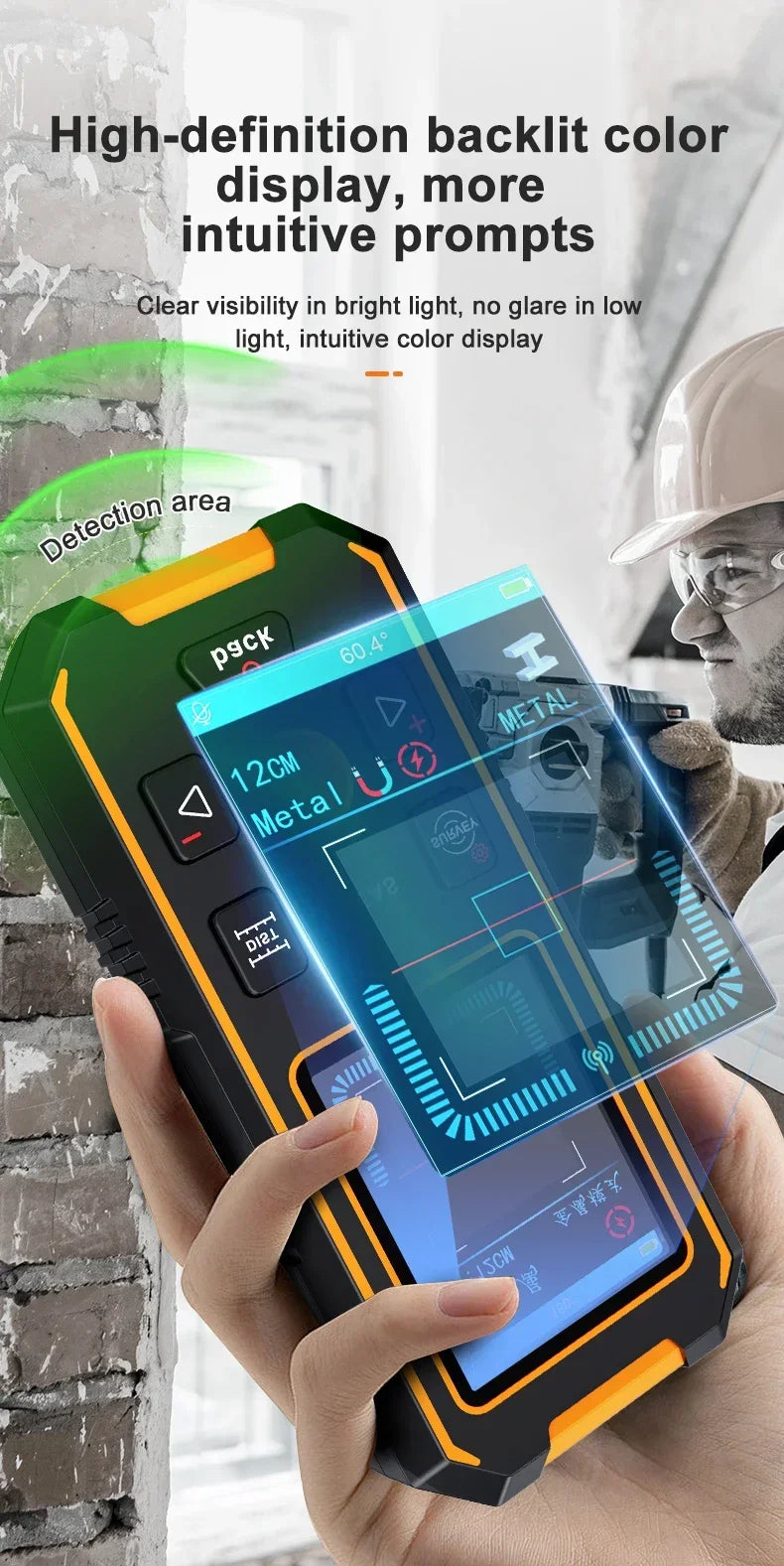 A hand holds a high-definition backlit color display wall scanner with a laser distance meter in a bright indoor setting.