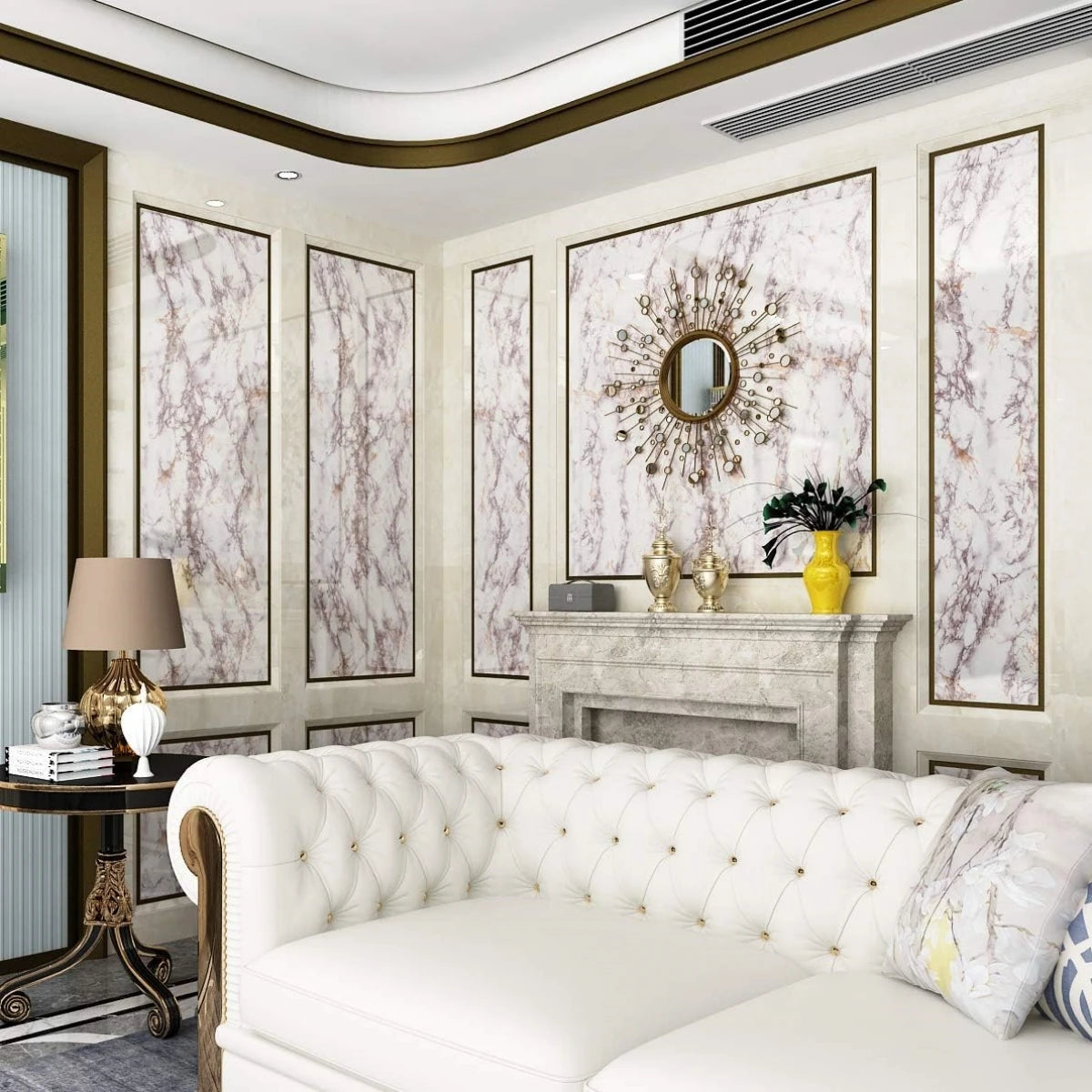 Interior shot of a living room featuring pearlescent pink marble peel and stick wallpaper on the walls.
