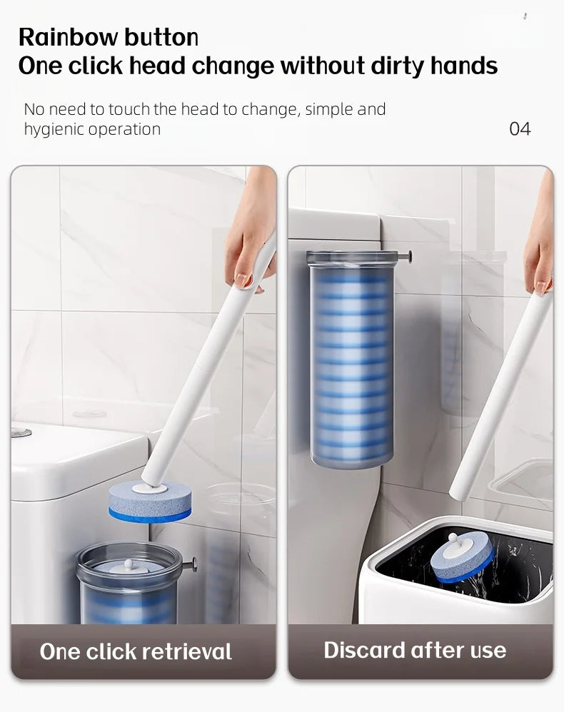 A hand uses a rainbow button to change the head of a disposable toilet brush without touching the seat.