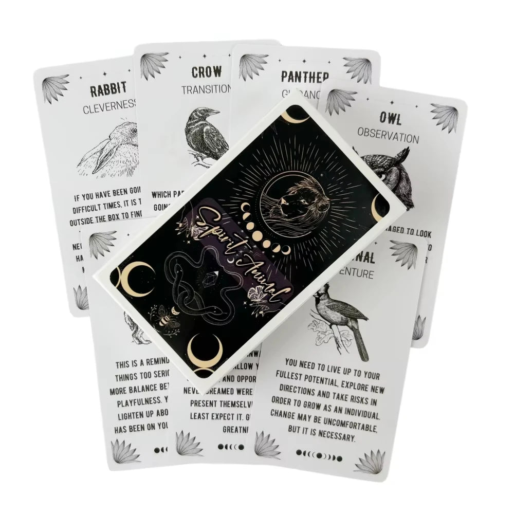 A deck of Spirit Animal Oracle cards featuring various animals and transition themes.