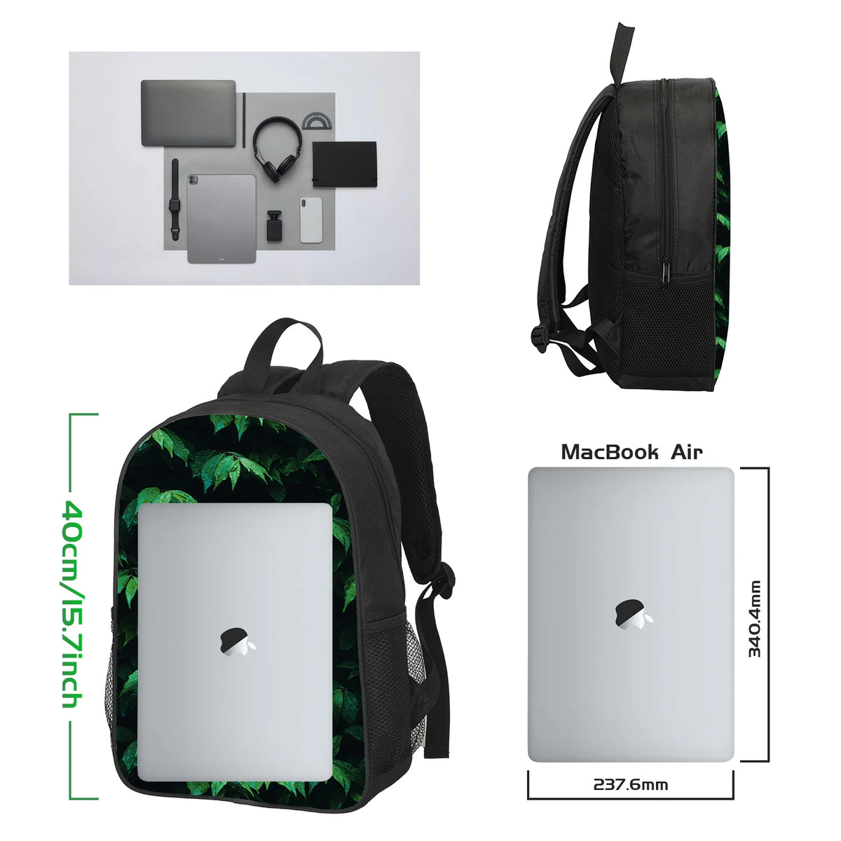 Black soccer star backpack with a laptop sleeve and accessories shown in various views.