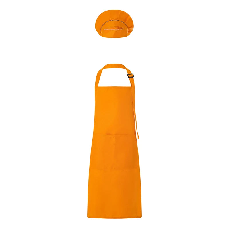 Orange kids craft apron and chef hat set with an adjustable neck strap