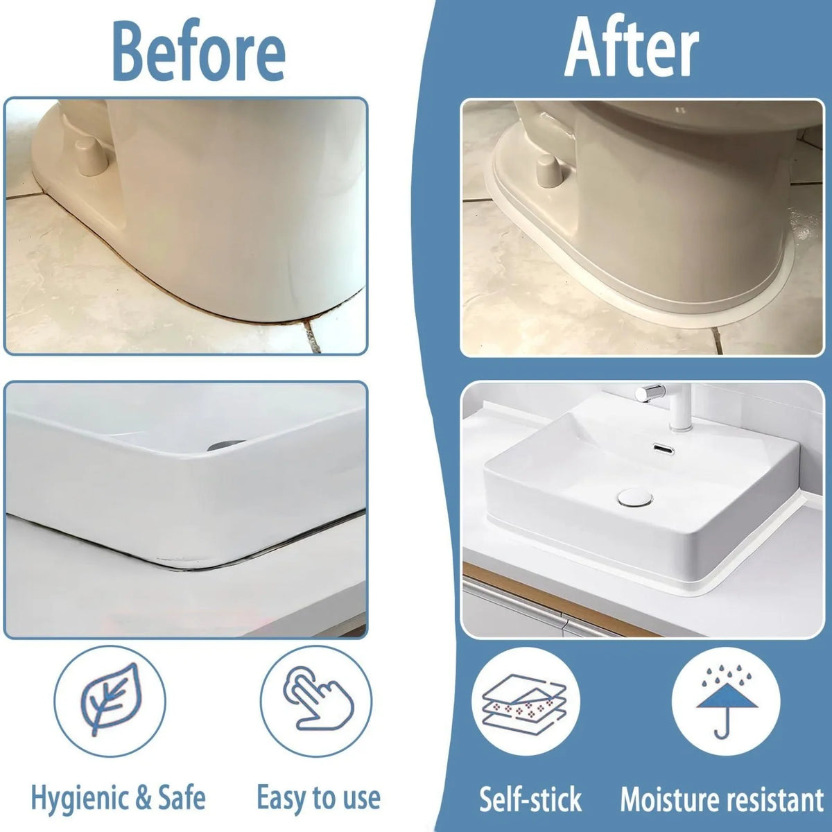 Before and after comparison of a bathroom sink installation showing the self-stick moisture resistant caulk tape application.