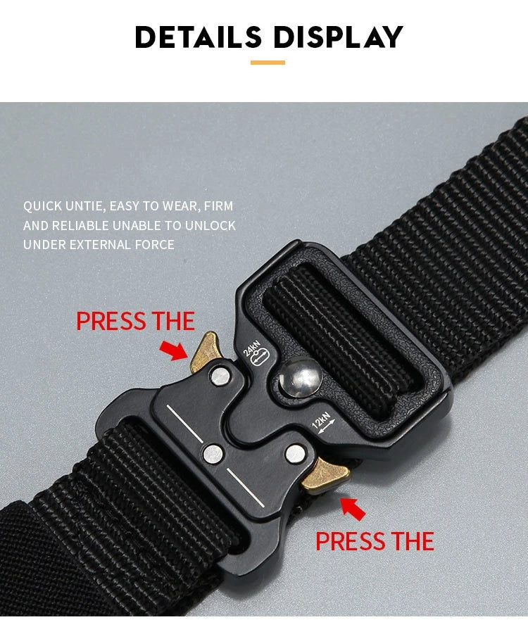 Close-up of a black tactical nylon belt with a metal buckle showing the quick untie feature.