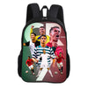 A black backpack featuring a graphic of soccer players celebrating.