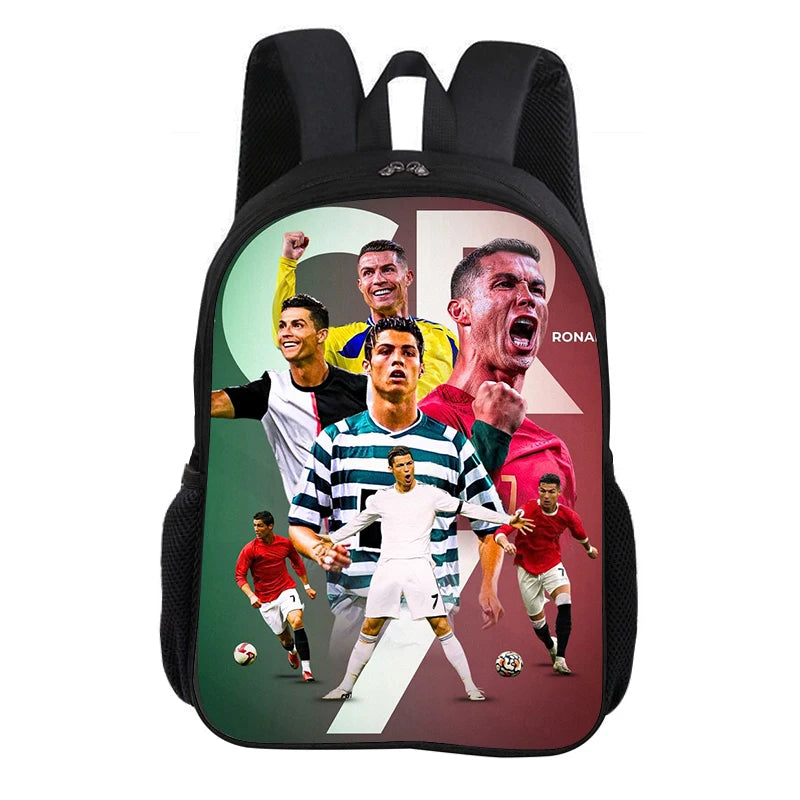 A black backpack featuring a graphic of soccer players celebrating.