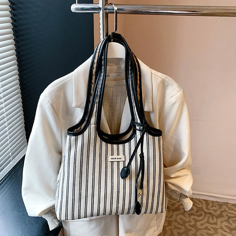 Striped Canvas Tote Bag with Crossbody Strap