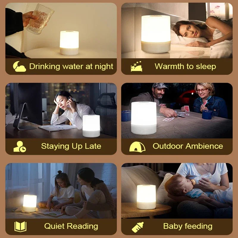 A collection of scenes showing a touch dimmable LED table lamp used for various purposes like drinking water, warmth to sleep