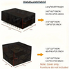 A black waterproof outdoor furniture cover for patio tables and sofas shown in various dimensions.