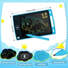 A portable LCD writing tablet for kids showing a dinosaur drawing on a black screen with colorful buttons.