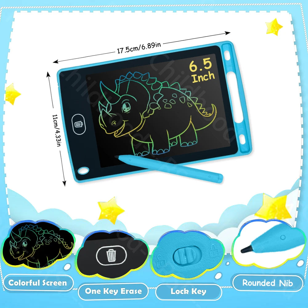 A portable LCD writing tablet for kids showing a dinosaur drawing on a black screen with colorful buttons.