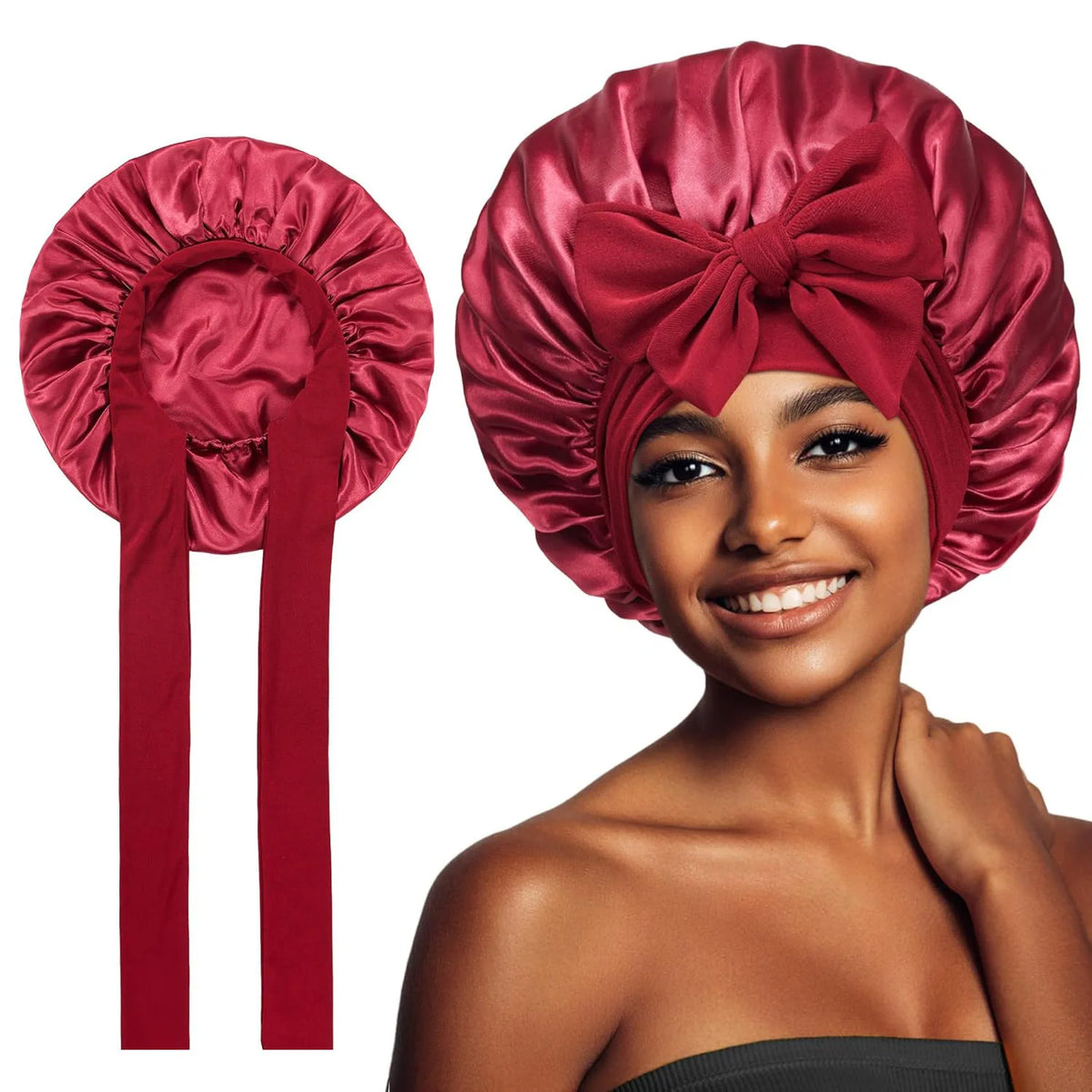 A woman models a deep red satin silk sleep bonnet tied in a bow, showing the fabric and style.