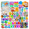 A colorful party pack of sensory fidget toys and stickers for kids featuring various shapes and textures.